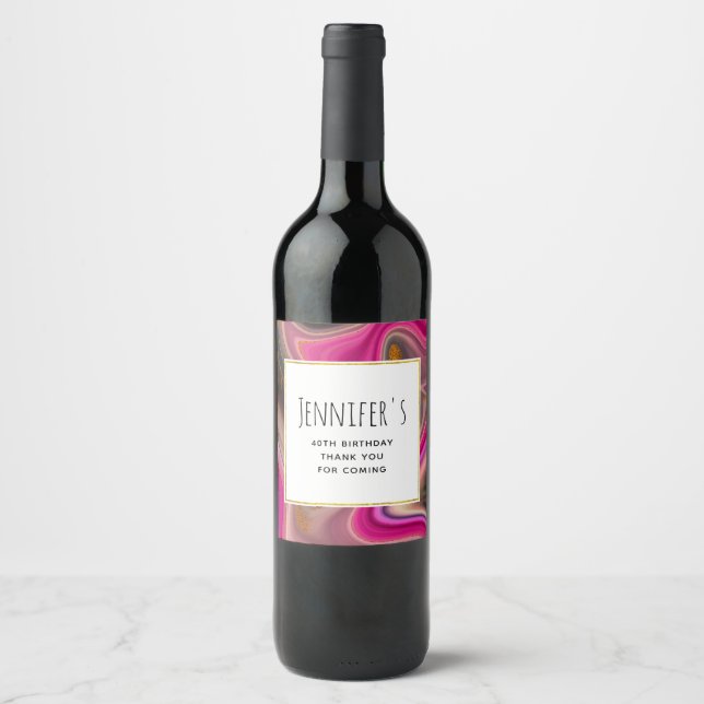 Pink and Black Abstract with Gold Swirls Party Wine Label (Front)