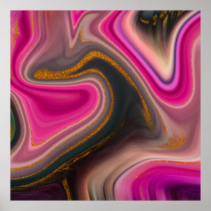 Pink and Black Abstract with Gold Swirls Poster