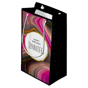Pink and Black Abstract with Gold Swirls  Small Gift Bag