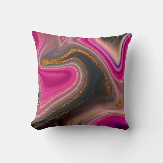 Pink and Black Abstract with Gold Swirls  Throw Pillow (Front)