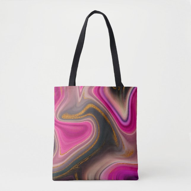 Pink and Black Abstract with Gold Swirls  Tote Bag (Front)