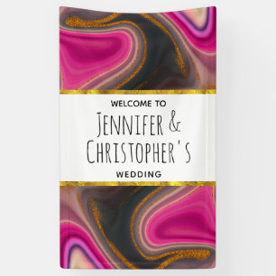 Pink and Black Abstract with Gold Swirls Wedding Banner