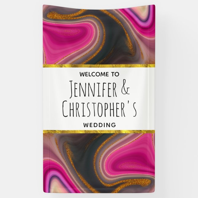 Pink and Black Abstract with Gold Swirls Wedding Banner (Vertical)