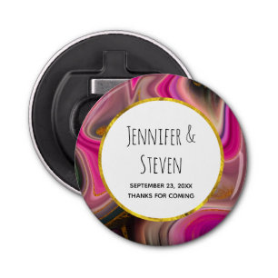 Pink and Black Abstract with Gold Swirls Wedding Bottle Opener