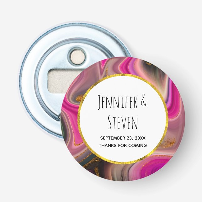 Pink and Black Abstract with Gold Swirls Wedding Bottle Opener (Front)
