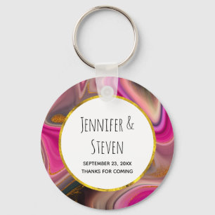 Pink and Black Abstract with Gold Swirls Wedding Keychain