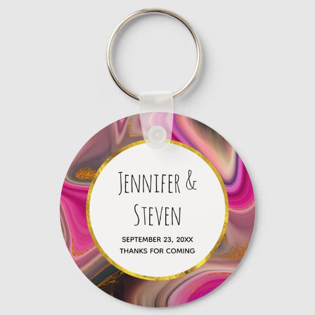Pink and Black Abstract with Gold Swirls Wedding Keychain (Front)