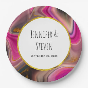 Pink and Black Abstract with Gold Swirls Wedding Paper Plate
