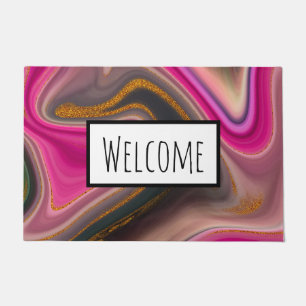 Pink and Black Abstract with Gold Swirls Welcome Doormat