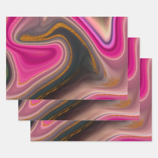 Pink and Black Abstract with Gold Swirls  Wrapping Paper Sheet (Set)