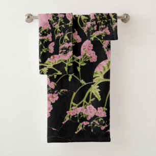 Pink and black Achillea fractal art Bath Towel Set