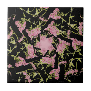 Pink and black Achillea fractal art Tile