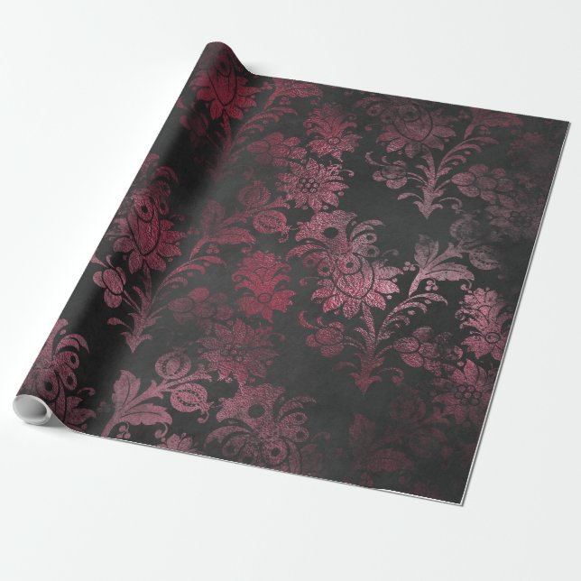 Pink and Black Antique Scratch Grunge Damask 15 Wrapping Paper (Unrolled)