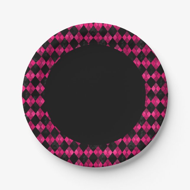 Pink and Black Argyle Chequered Party Paper Plate (Front)