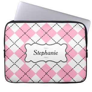 Pink And Black Argyle Personalized Laptop Sleeve