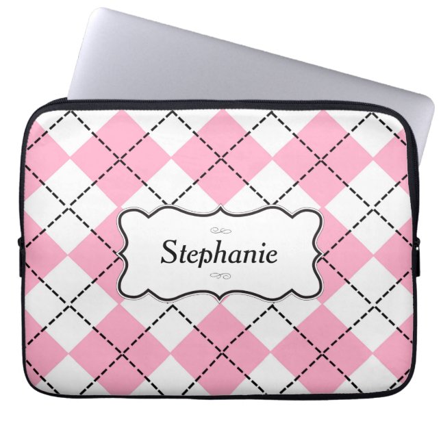 Pink And Black Argyle Personalized Laptop Sleeve (Front)