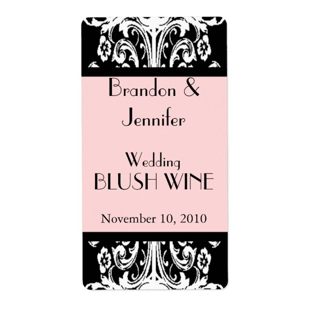 Pink and Black Baroque Wedding Mini Wine Labels (Front)