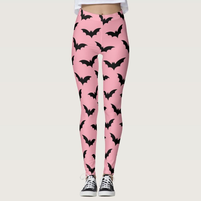 Pink and Black Bats Halloween Leggings (Front)