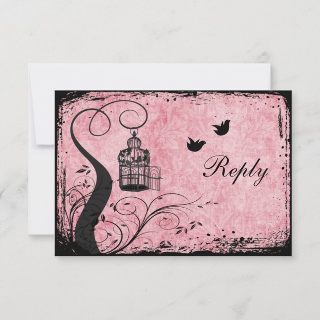 Pink and Black Birdcage Lovebirds Reply Card (Front)