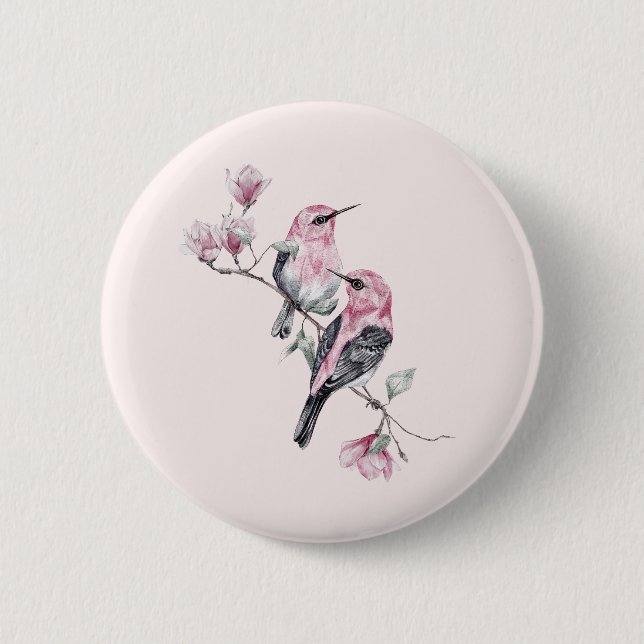 Pink and Black Birds on a Tree Branch 2 Inch Round Button (Front)