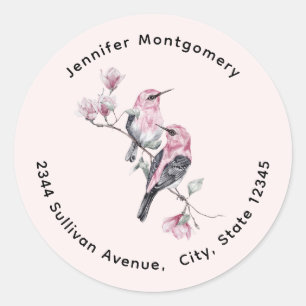 Pink and Black Birds on a Tree Branch Address Classic Round Sticker