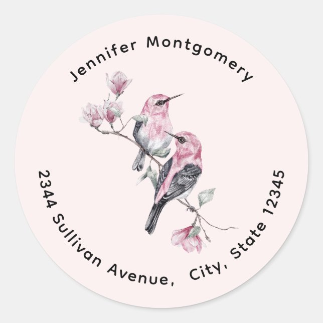 Pink and Black Birds on a Tree Branch Address Classic Round Sticker (Front)