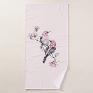 Pink and Black Birds on a Tree Branch Bath Towel Set