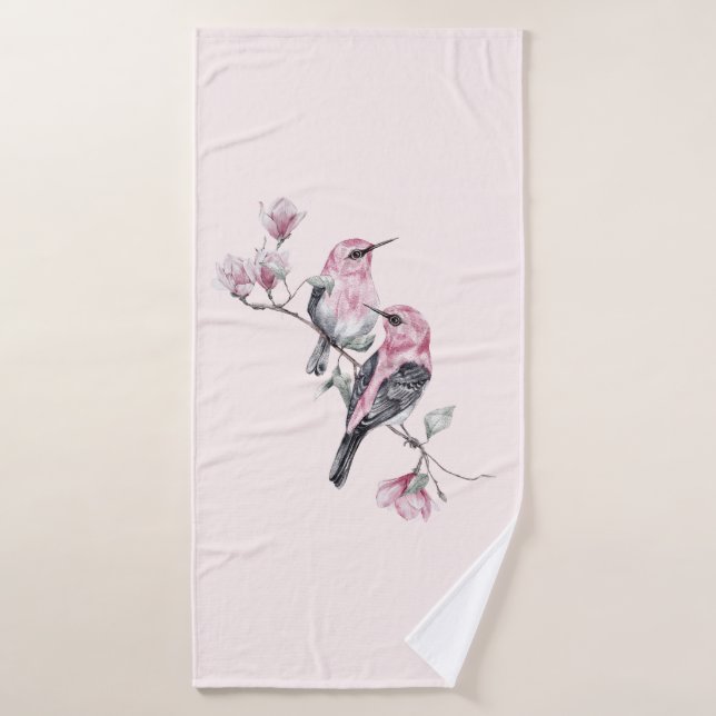 Pink and Black Birds on a Tree Branch Bath Towel Set (Bath Towel)