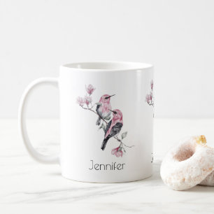 Pink and Black Birds on a Tree Branch Coffee Mug