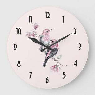 Pink and Black Birds on a Tree Branch Large Clock
