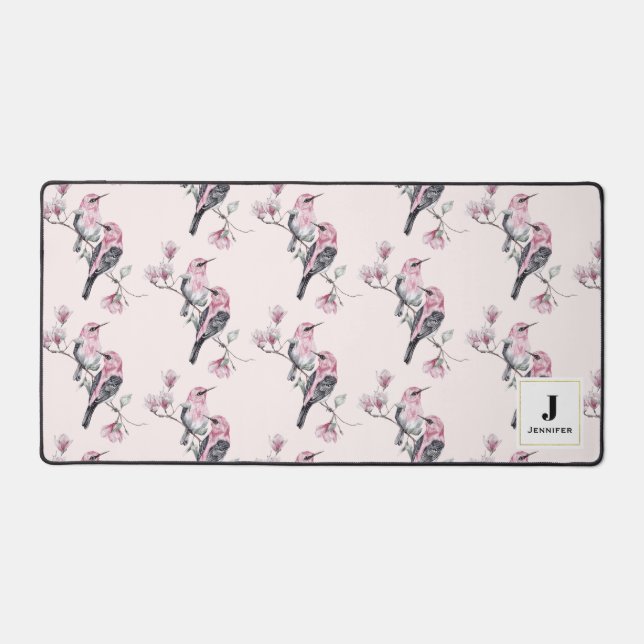Pink and Black Birds on a Tree Branch Monogram  Desk Mat (Front)