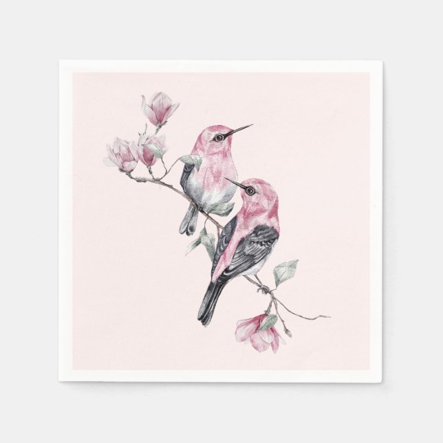 Pink and Black Birds on a Tree Branch Napkin (Front)