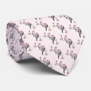 Pink and Black Birds on a Tree Branch Pattern Tie