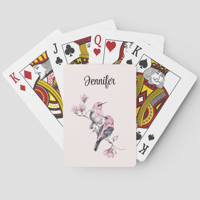 Pink and Black Birds on a Tree Branch Playing Cards (Back)