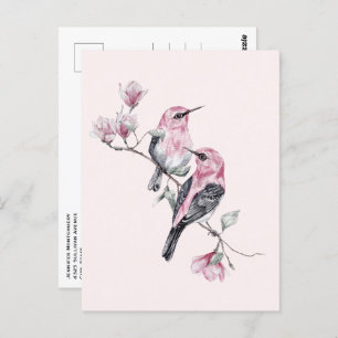 Pink and Black Birds on a Tree Branch Postcard