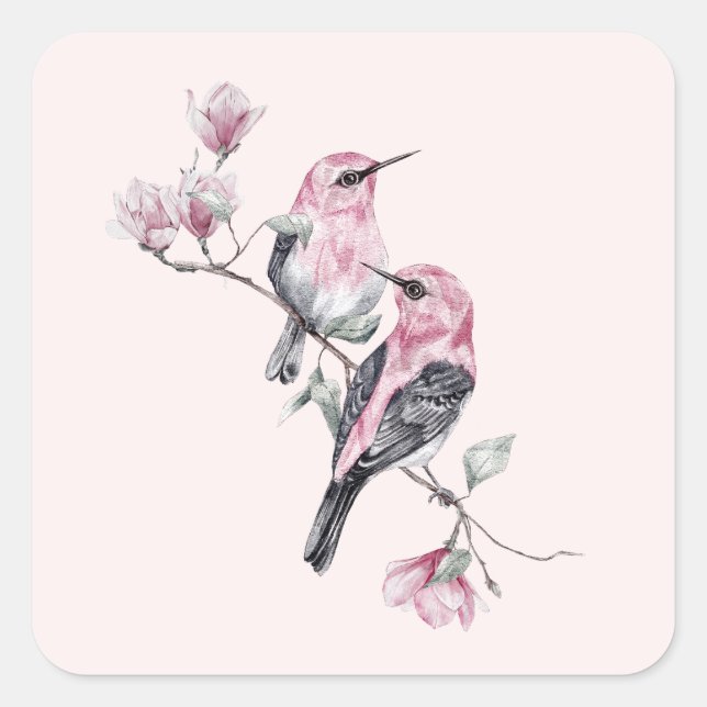 Pink and Black Birds on a Tree Branch Square Sticker (Front)