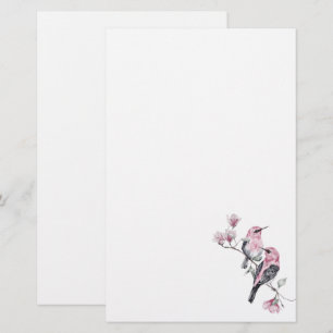 Pink and Black Birds on a Tree Branch Stationery
