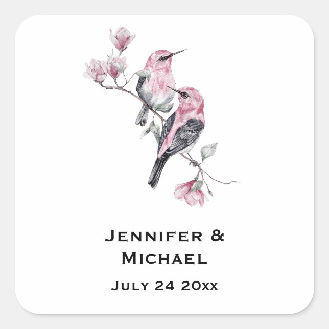 Pink and Black Birds on a Tree Branch Wedding Date Square Sticker (Front)