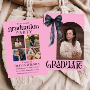 Pink and Black Bow Graduation with Photos Invitation