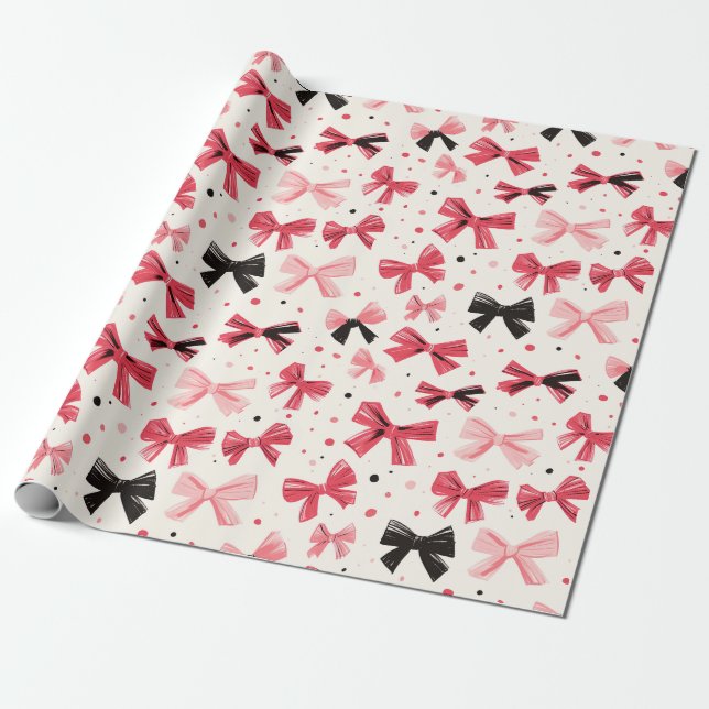 Pink and Black Bow Print Wrapping Paper (Unrolled)
