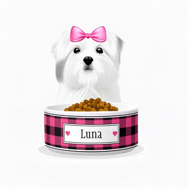 Pink and Black Buffalo Plaid Name (pink and black plaid personalized dog bowl)