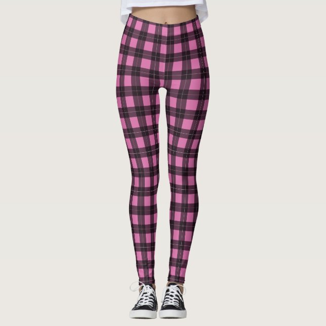 Pink and Black Buffalo Plaid Tartan Patterned Leggings (Front)