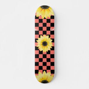 pink and black Checkered & Sunflower  Skateboard