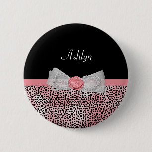 Pink and Black Cheetah Print Cute Bow With Name 2 Inch Round Button