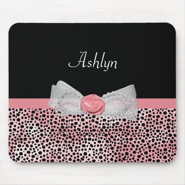 Pink and Black Cheetah Print Cute Bow With Name Mouse Pad (Front)