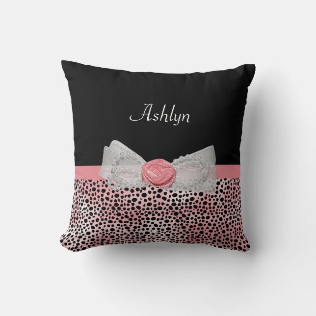 Pink and Black Cheetah Print Cute Bow With Name Throw Pillow (Front)
