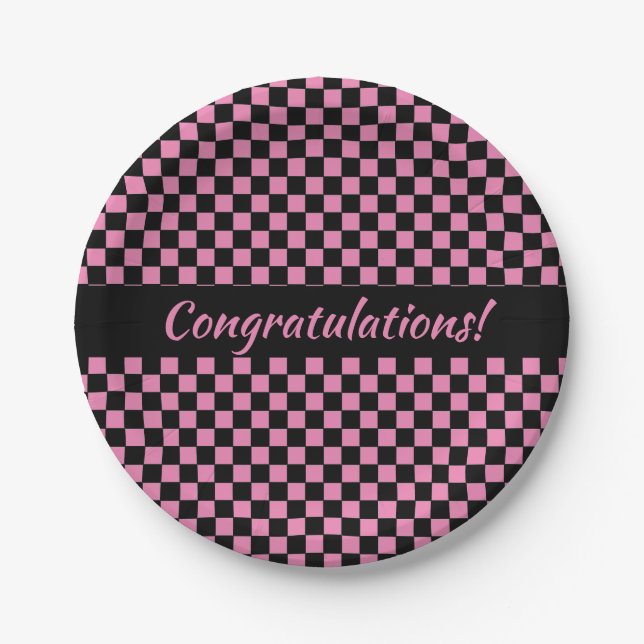 Pink and Black Chequerboard Custom Paper Plate (Front)