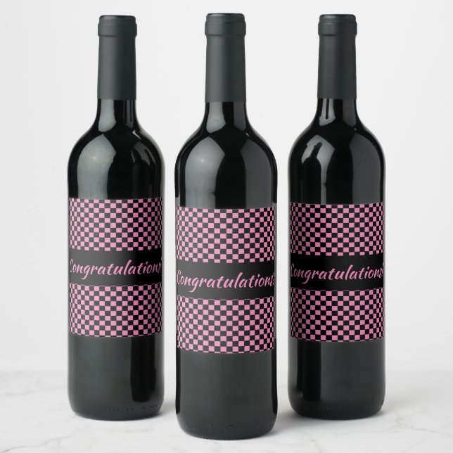 Pink and Black Chequerboard Custom Wine Label (Bottles)