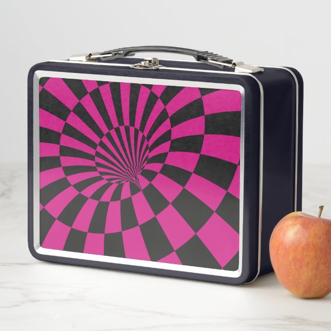 Pink and Black Chequered Abstract Metal Lunchbox (In Situ)