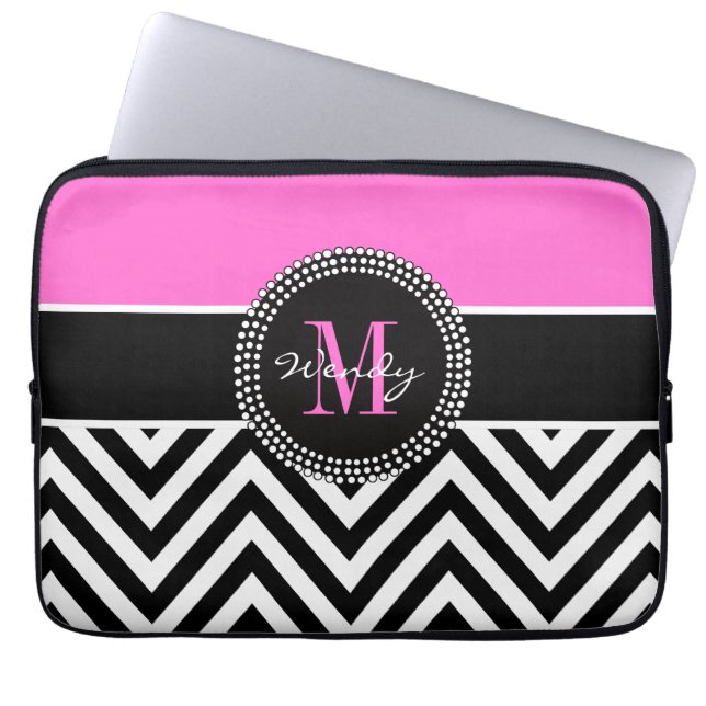 Pink and Black Chevron Monogram Elegant Laptop Sleeve (Front)